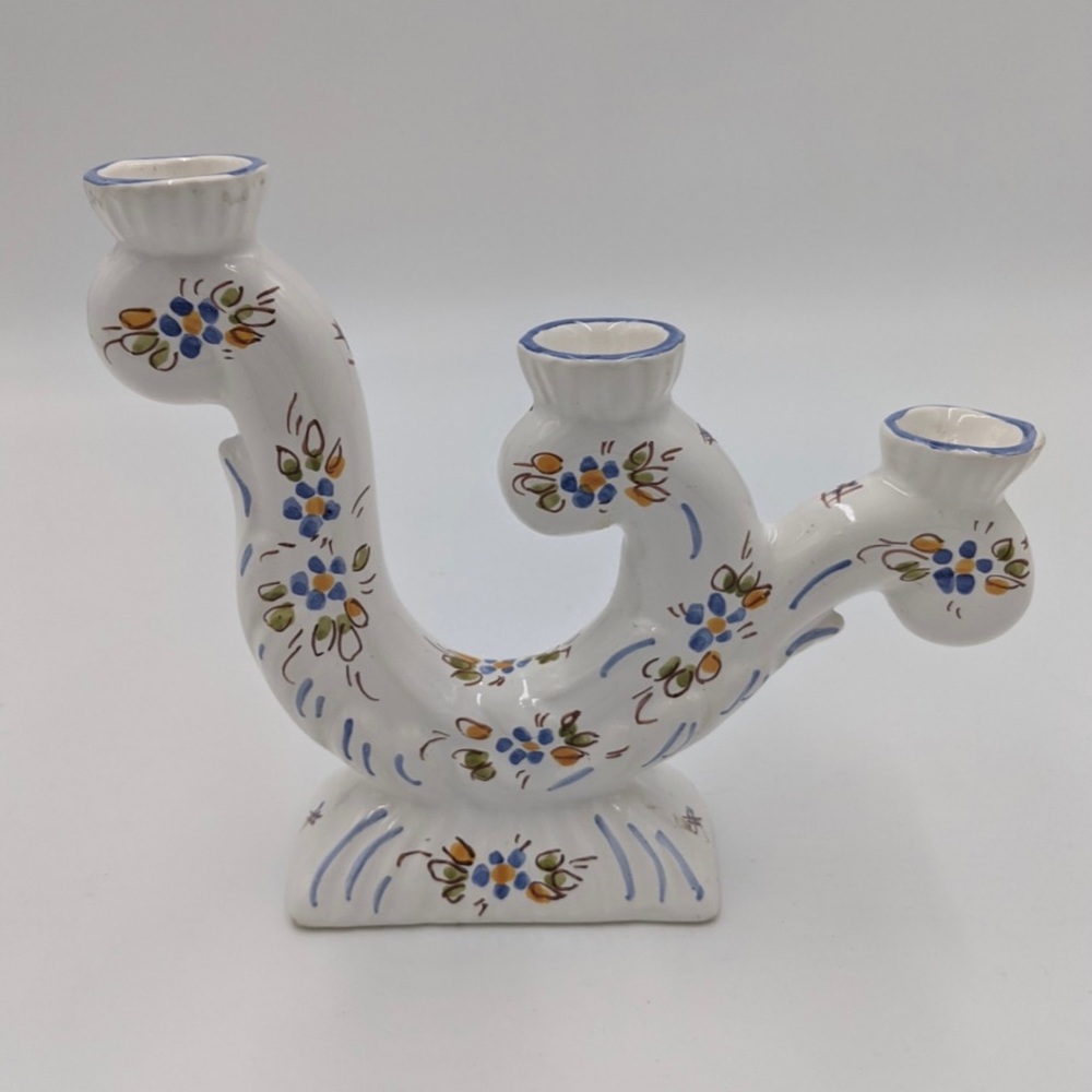 SOLD: Vintage hand painted ceramic candle holder candelabra